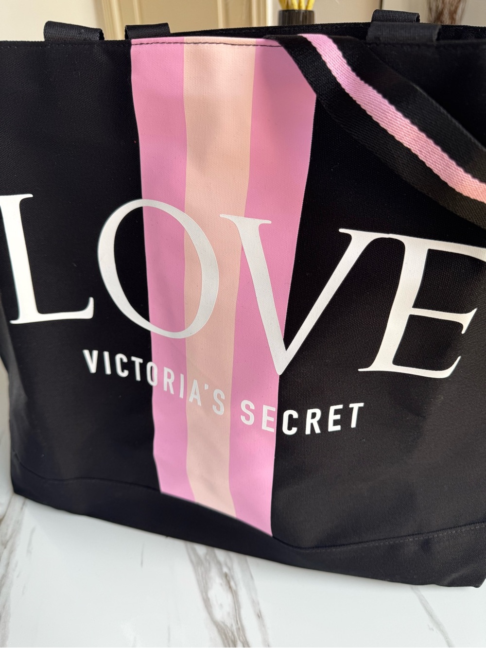 Victoria's Secret Black Tote with Pink Center Stripe and LOVE Logo - Picture 7 of 10